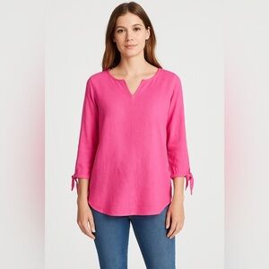 Talbots women’s large pink 100% linen blouse sleeve tie 3/4 length sleeves top